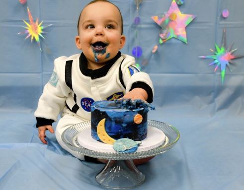 Morgan's son eating birthday cake
