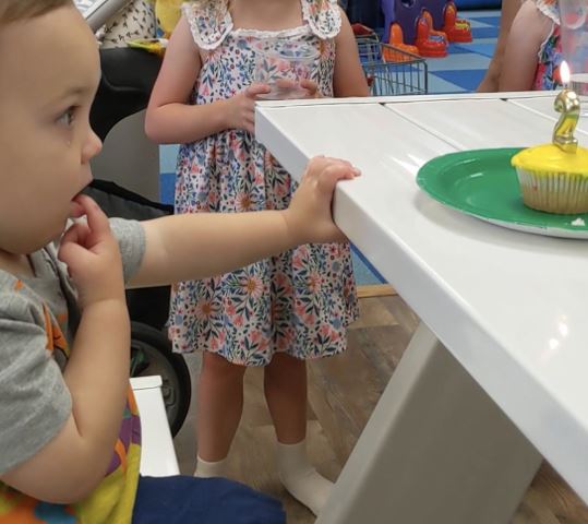 Morgan's son looking at his cupcake